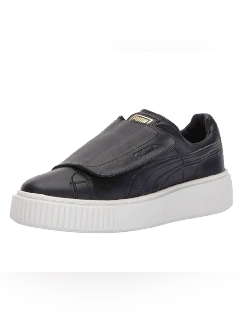 Puma Black Leather Basket Platform Strap Sneakers